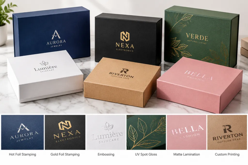 custom wholesale gift boxes with branded printing and premium finishes