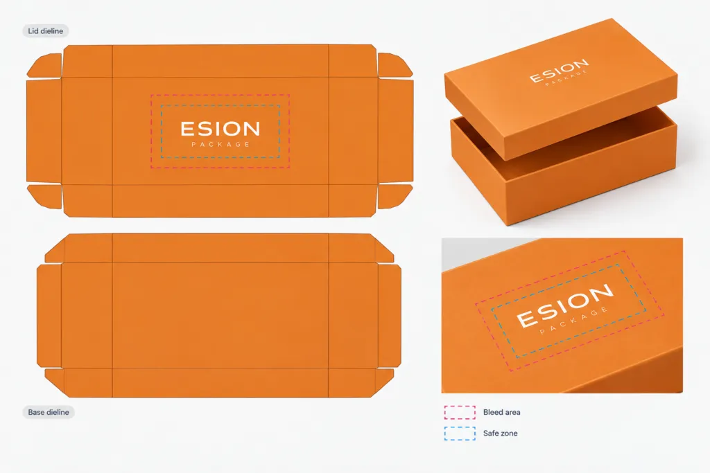 logo placement on a rigid box dieline showing bleed and safe zone