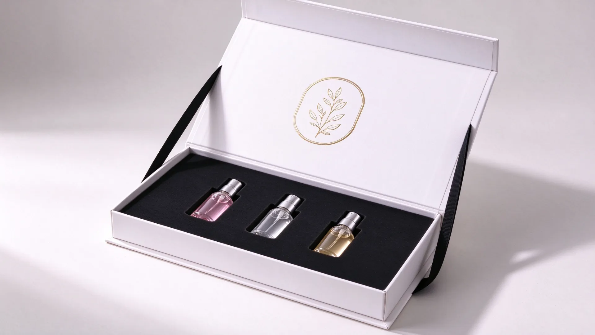 perfume gift set box with fitted insert holding sample vials