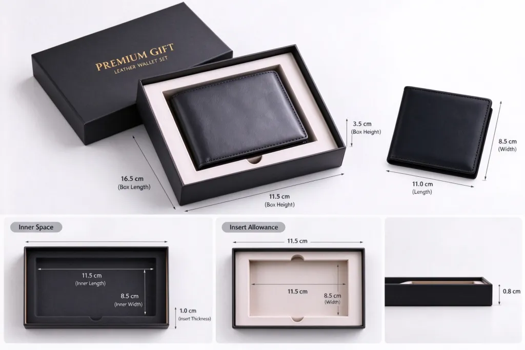 wallet gift box size guide showing wallet dimensions
